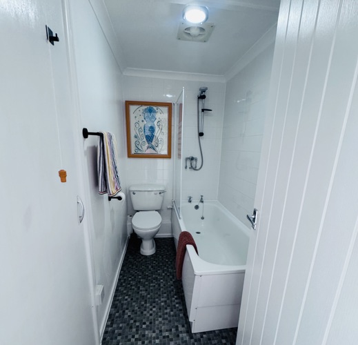 Bathroom with full size bath and shower over