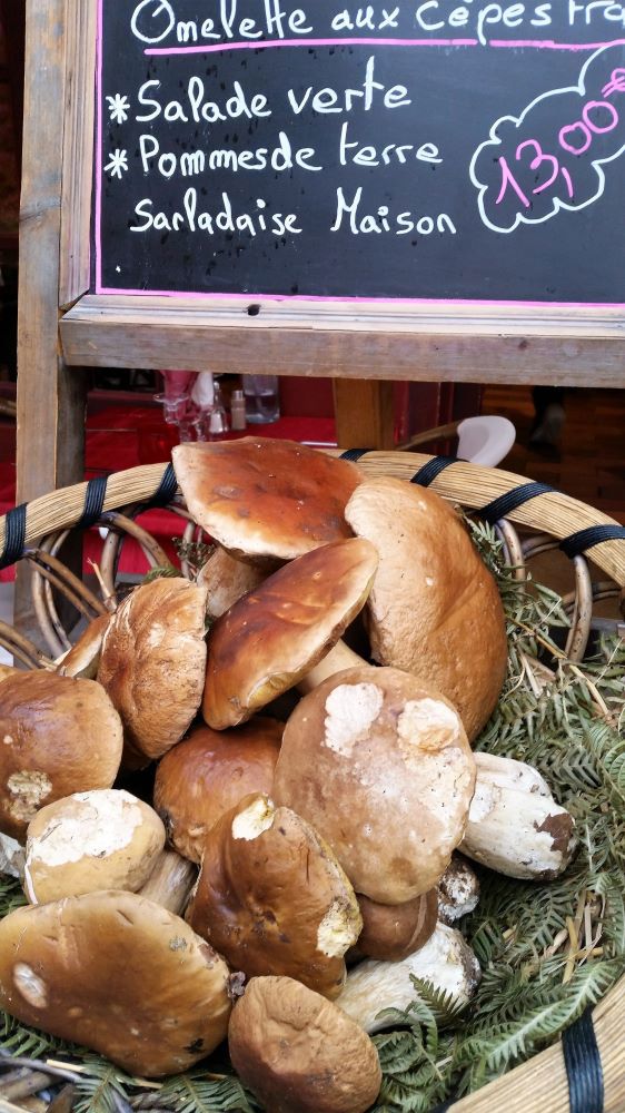 Cepe mushrooms Cepe mushrooms in a basket with a black board with menu suggestions for 13 euros