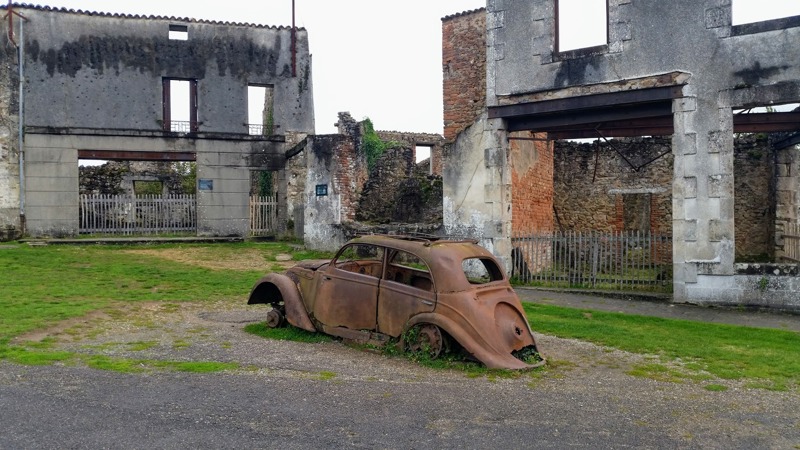 Ruined buildings at the memorial village of Oradour-sur-Glane, Haute-Vienne, France