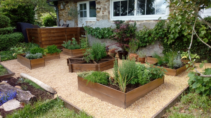 Four corner raised garden boxes with herbs inside and cream pebbles between the boxes