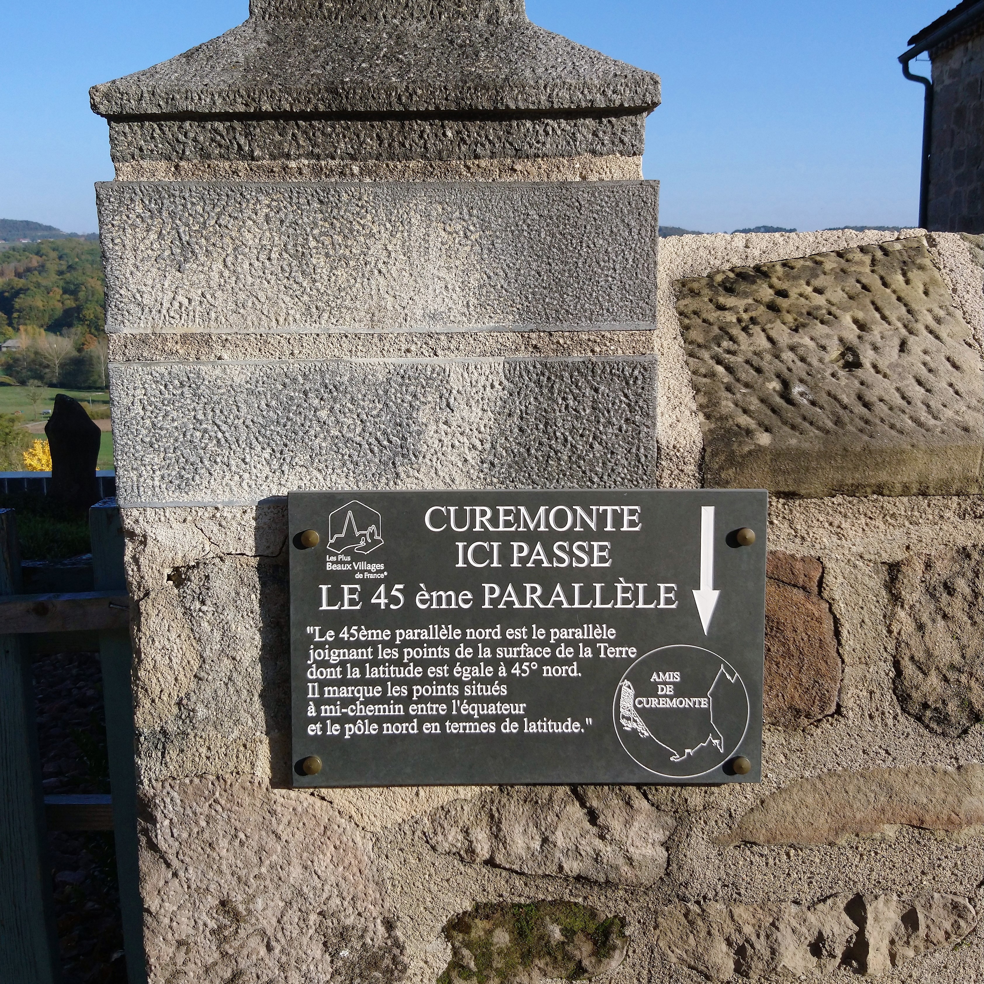 Curemonte Curemonte 45th parallel line sign to indicate it flows through the village