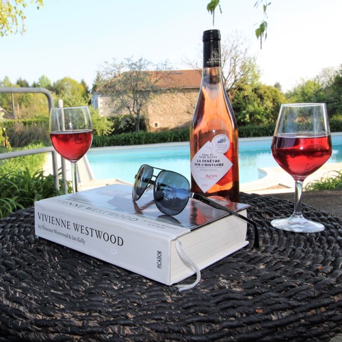 Two glasses of rose wine, wine bottle, sunglasses and a Vivian Westwood book by a pool