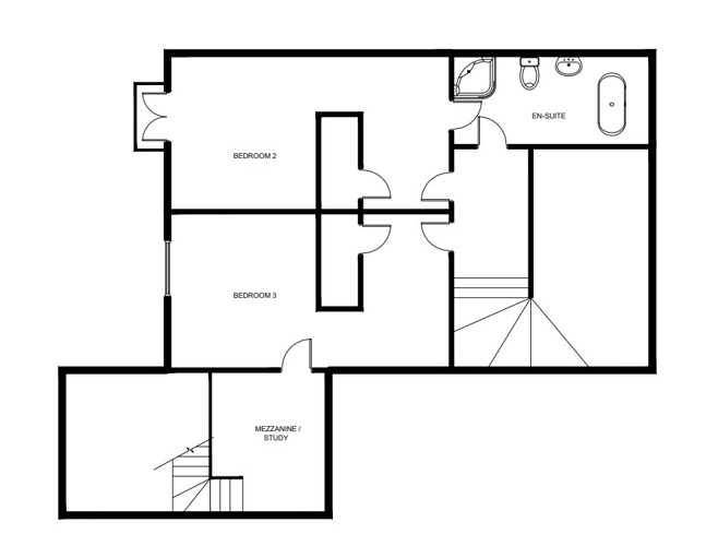 1st floor floor plan showing 2 bedrooms with family bathroom with shower and study area
