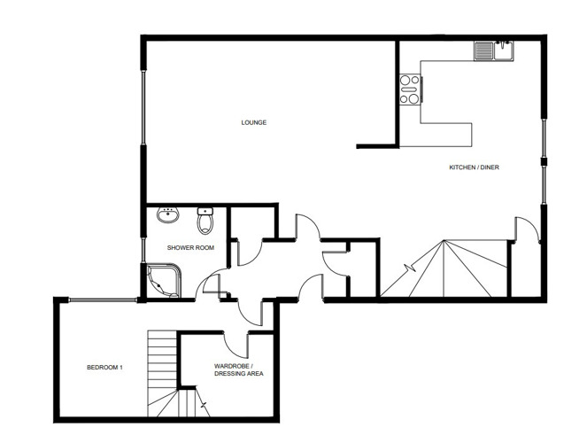ground floor floor plan showing open plan living, dining and kitchen area and master bedroom with ensuite