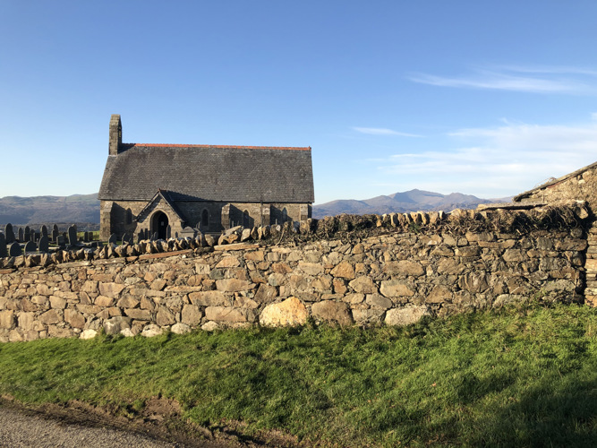 view of Snowdon mountain from the church at Llandecwyn