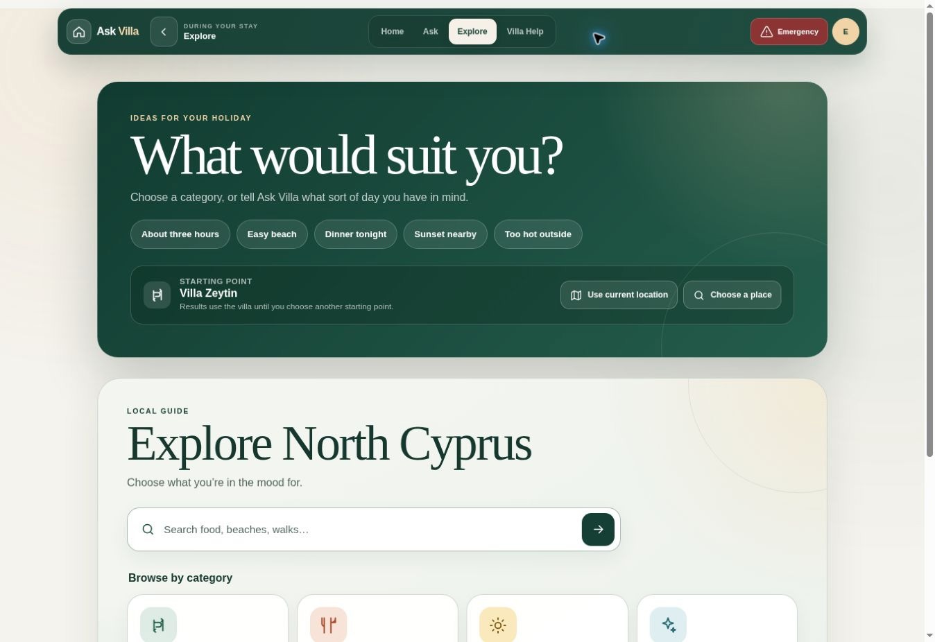 Real Ask Villa Explore screen with North Cyprus recommendations and categories