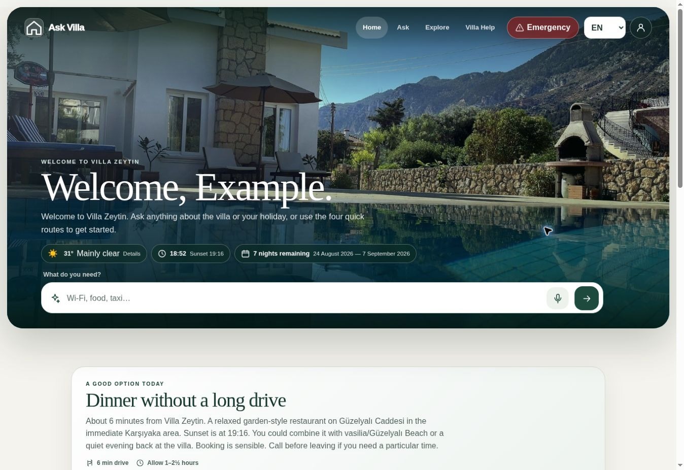 Ask Villa home screen showing Villa Zeytin, weather, remaining nights and the guest question box