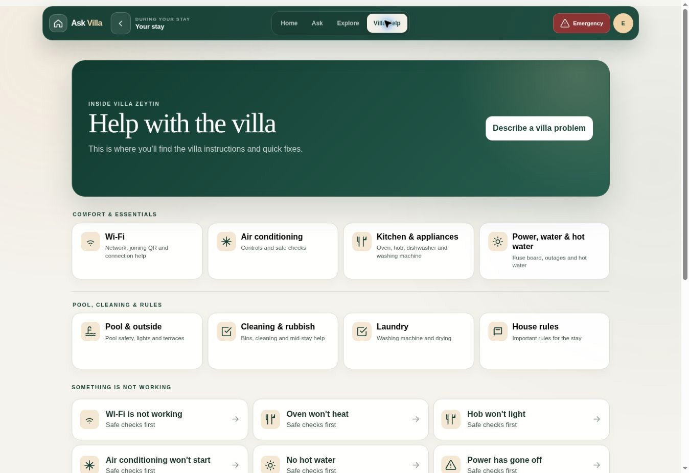 Real Ask Villa Villa Help screen with Wi-Fi, air conditioning, appliances and pool guidance