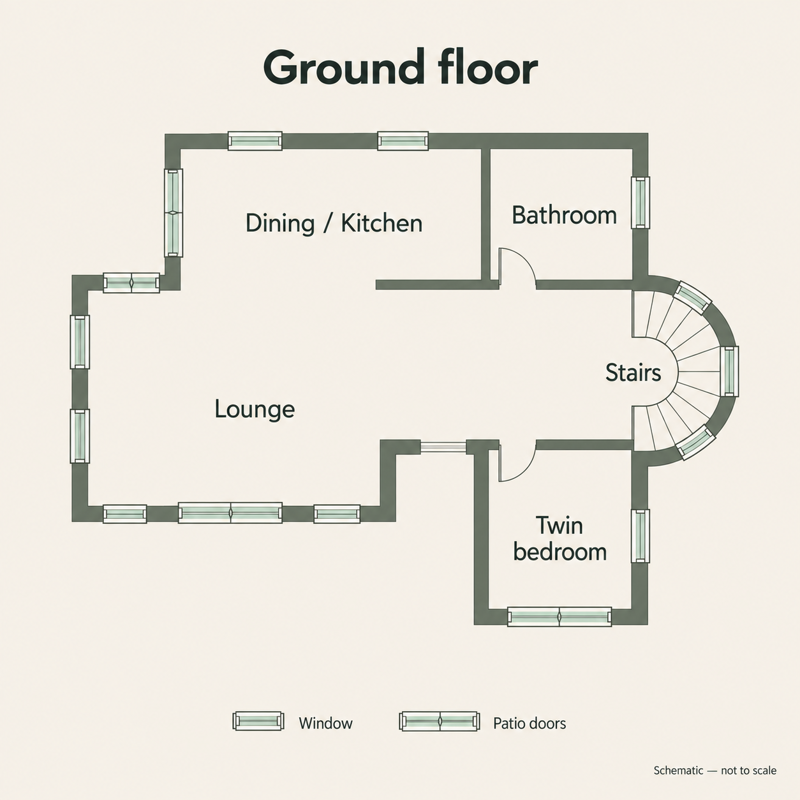 Villa Zeytin ground-floor plan showing the lounge, dining and kitchen area, twin bedroom, bathroom, stairs, windows and patio doors.