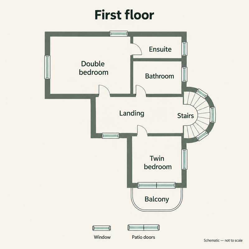 Villa Zeytin first-floor plan showing the double bedroom with ensuite, twin bedroom and balcony, separate bathroom, landing, stairs and windows.