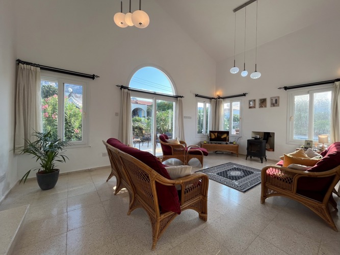 Villa Zeytin lounge with views towards the Kyrenia mountains