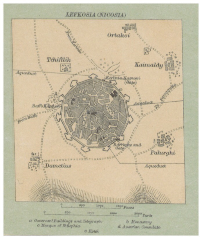 Historic map of Nicosia showing the Venetian walled city and Kyrenia Gate
