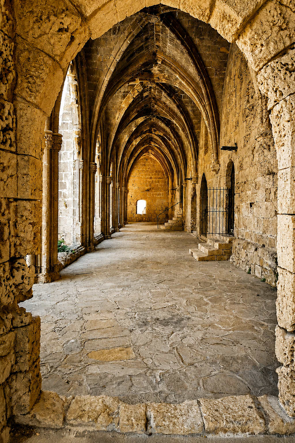 Gothic cloister and stonework inside Bellapais Abbey