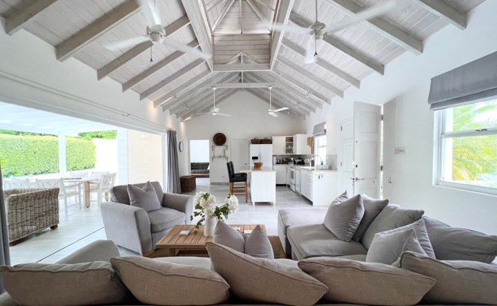 Living room and kitchen area at Driftwood Villa, Mullins, Barbados