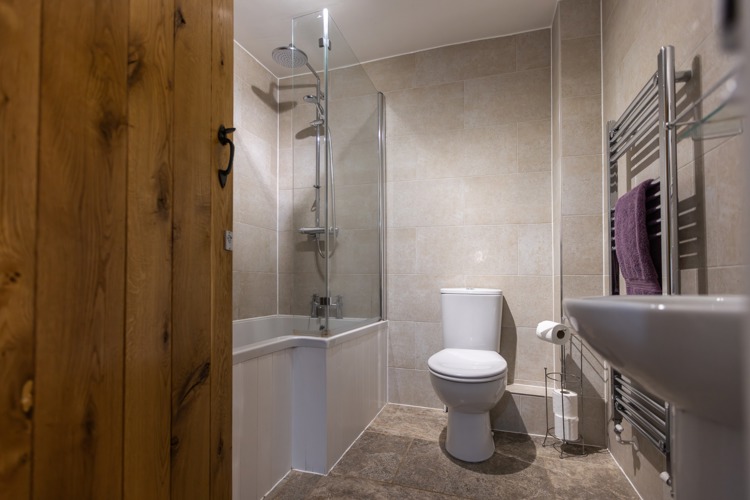 Bathroom with toilet, wash basin and shower over bath